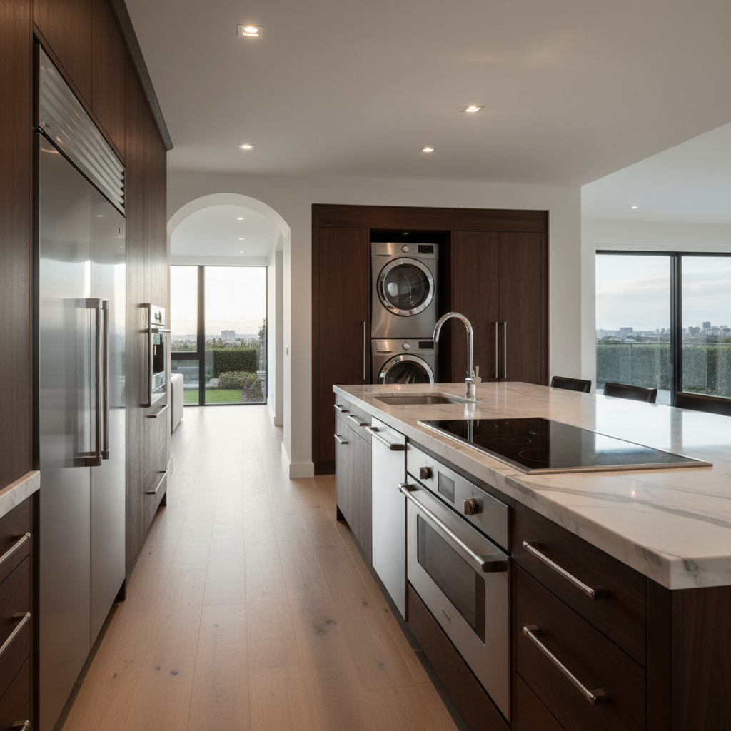Premium home appliances in a luxury kitchen and laundry environment