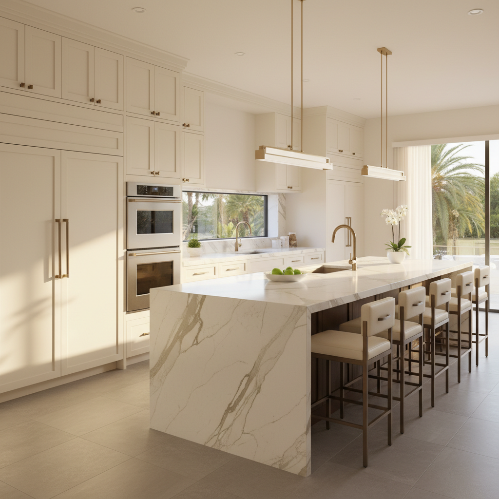Upscale kitchen interior with integrated refrigerator and wall oven