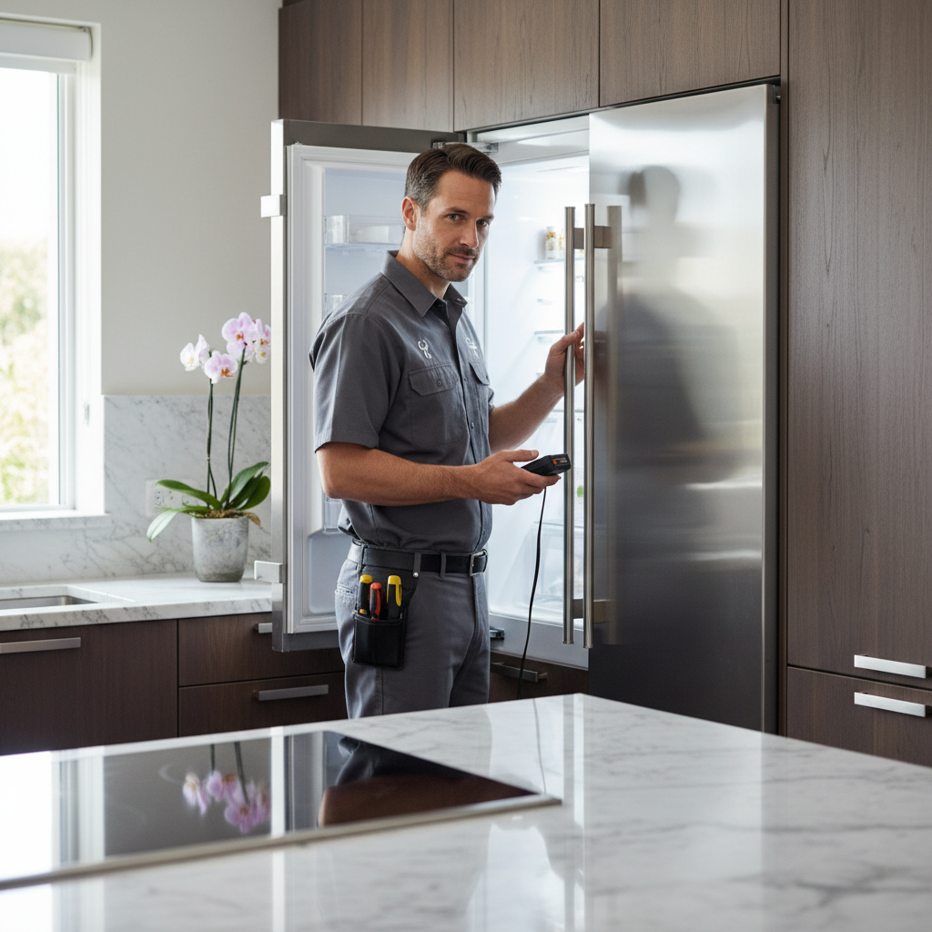 Professional appliance repair technician inspecting a built-in refrigerator